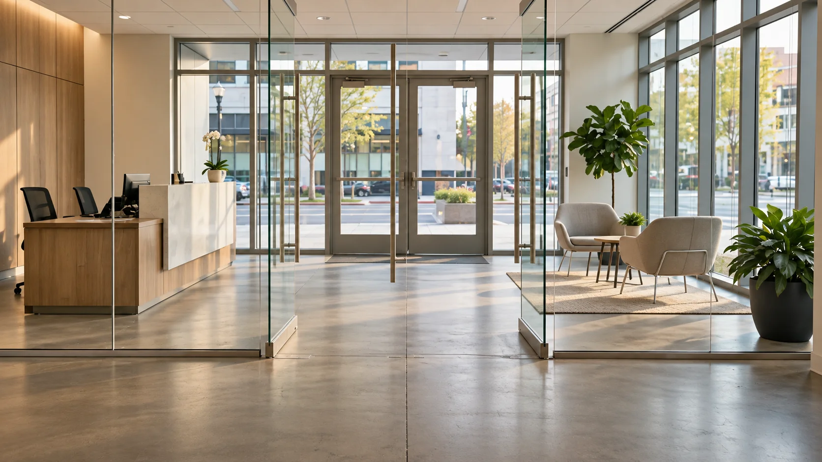 Sunlit office lobby with a wood reception desk, glass doors, and comfortable seating