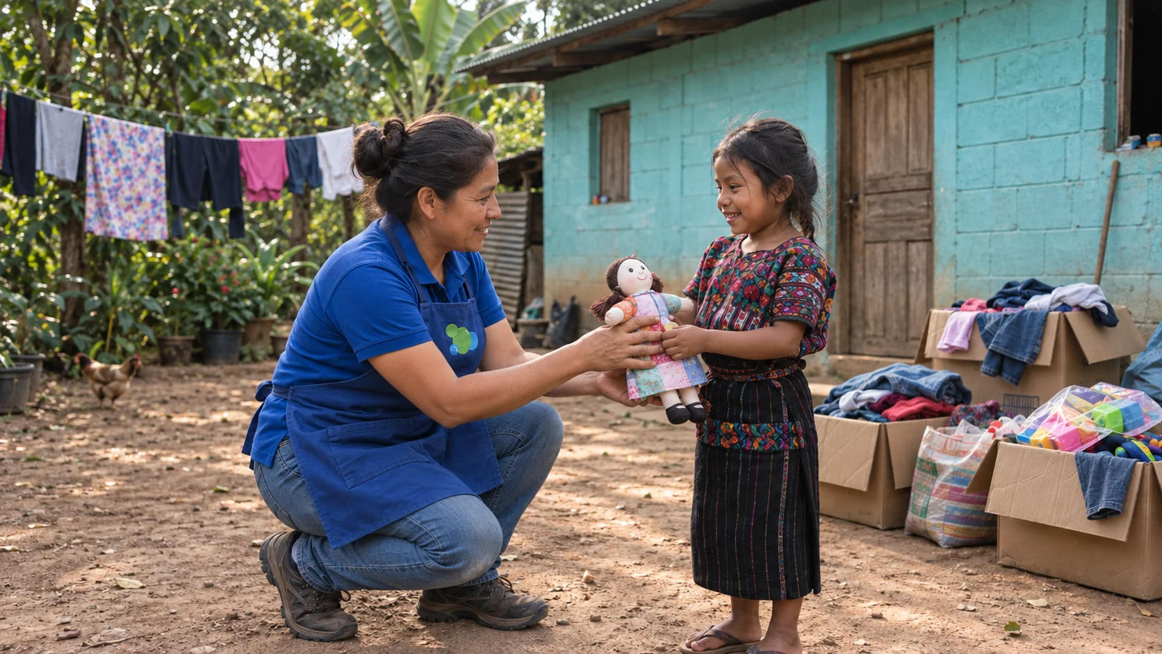 Illustration of a woman in Ana's Cleaning uniform giving a doll to a girl in a Guatemalan courtyard