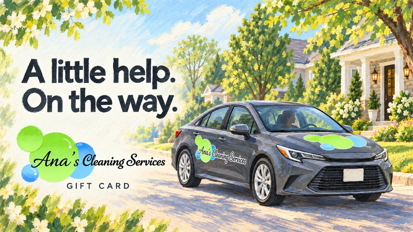 Hand-drawn Ana's Cleaning gift card featuring our company car on the way