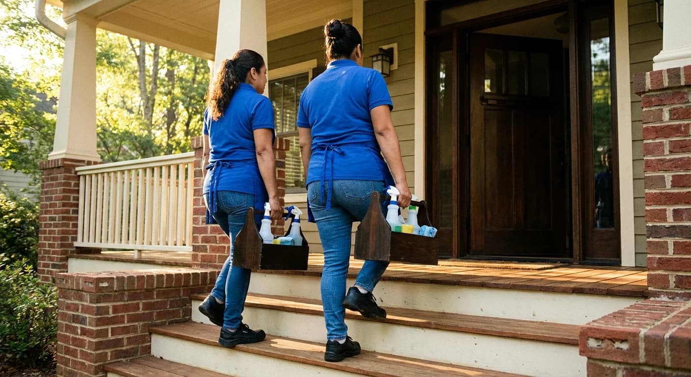 Two cleaning professionals arriving at a home with cleaning supplies