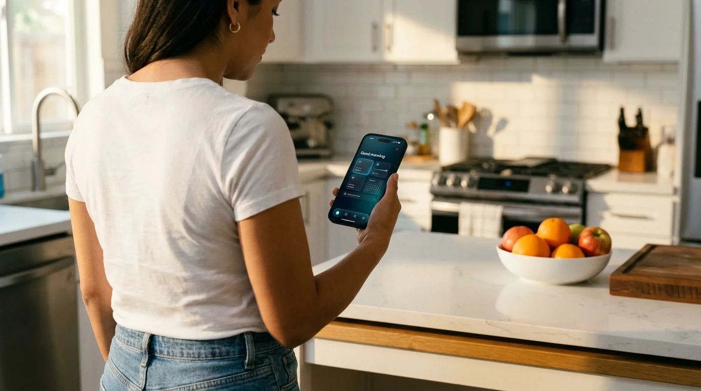 Customer checking Ana's Cleaning portal on her phone in a clean kitchen