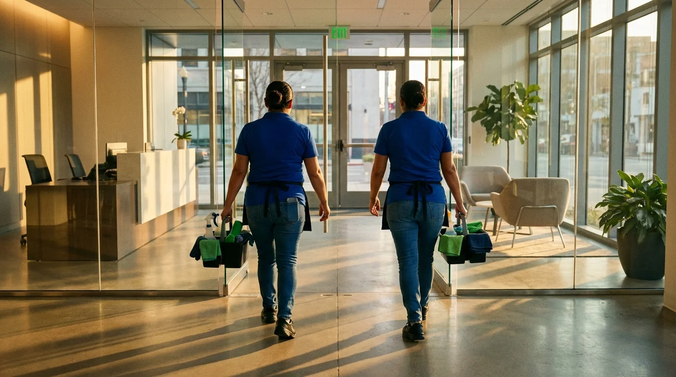 Two cleaning professionals entering a modern office lobby with cleaning supplies