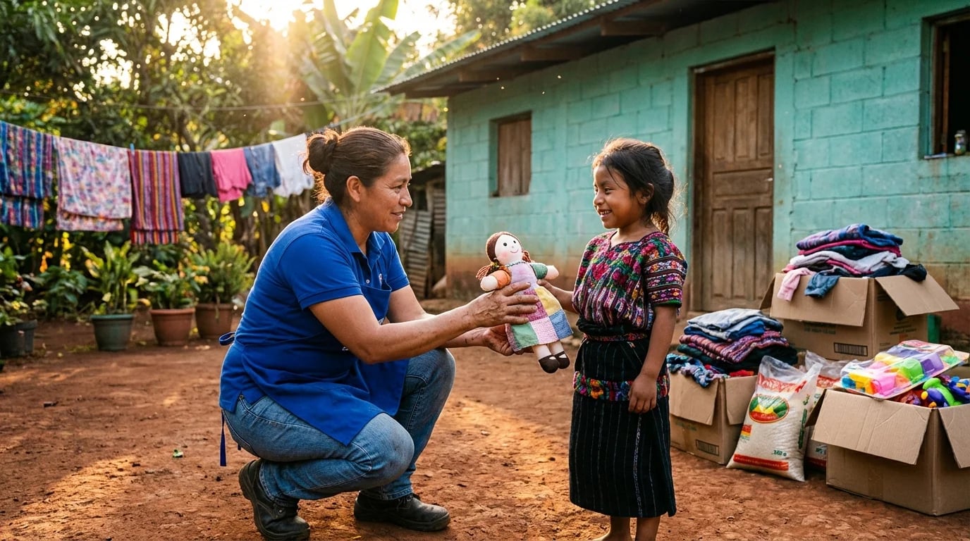 Ana's Cleaning team member handing a doll to a child in a Guatemalan village