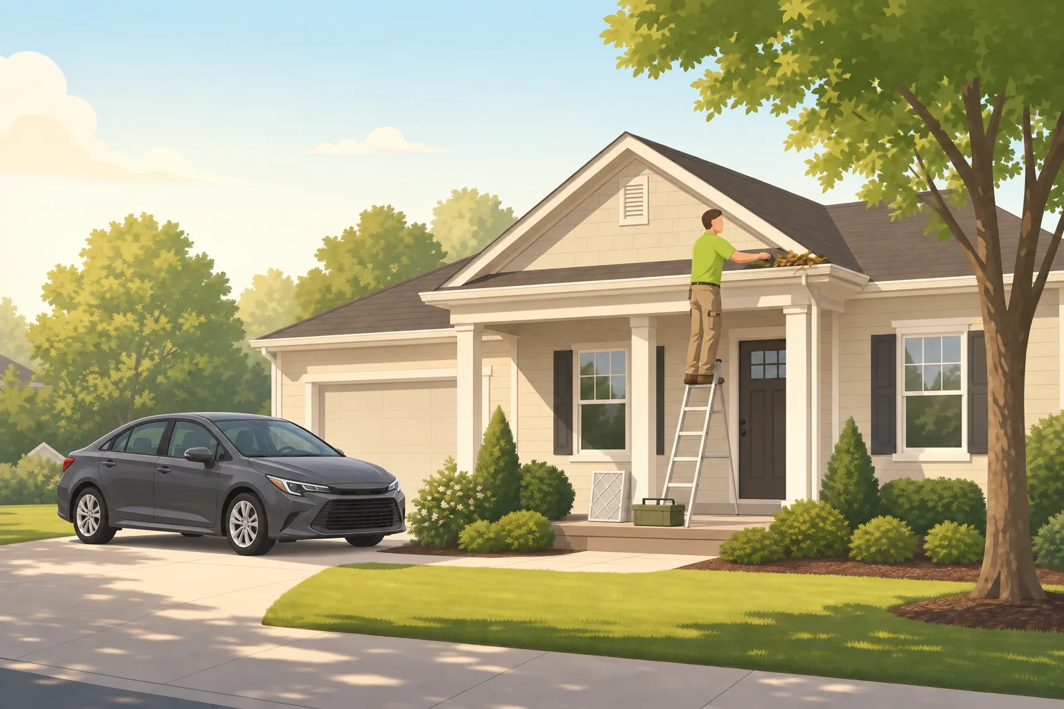 Illustration of an AnaCare technician clearing gutters at a Triangle home, with a charcoal sedan in the driveway
