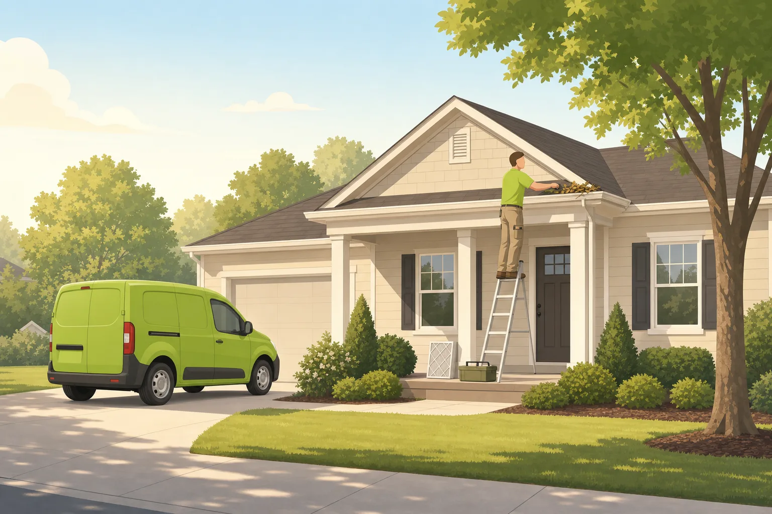 Illustration of an AnaCare technician clearing gutters at a Triangle home, with the lime-green van in the driveway