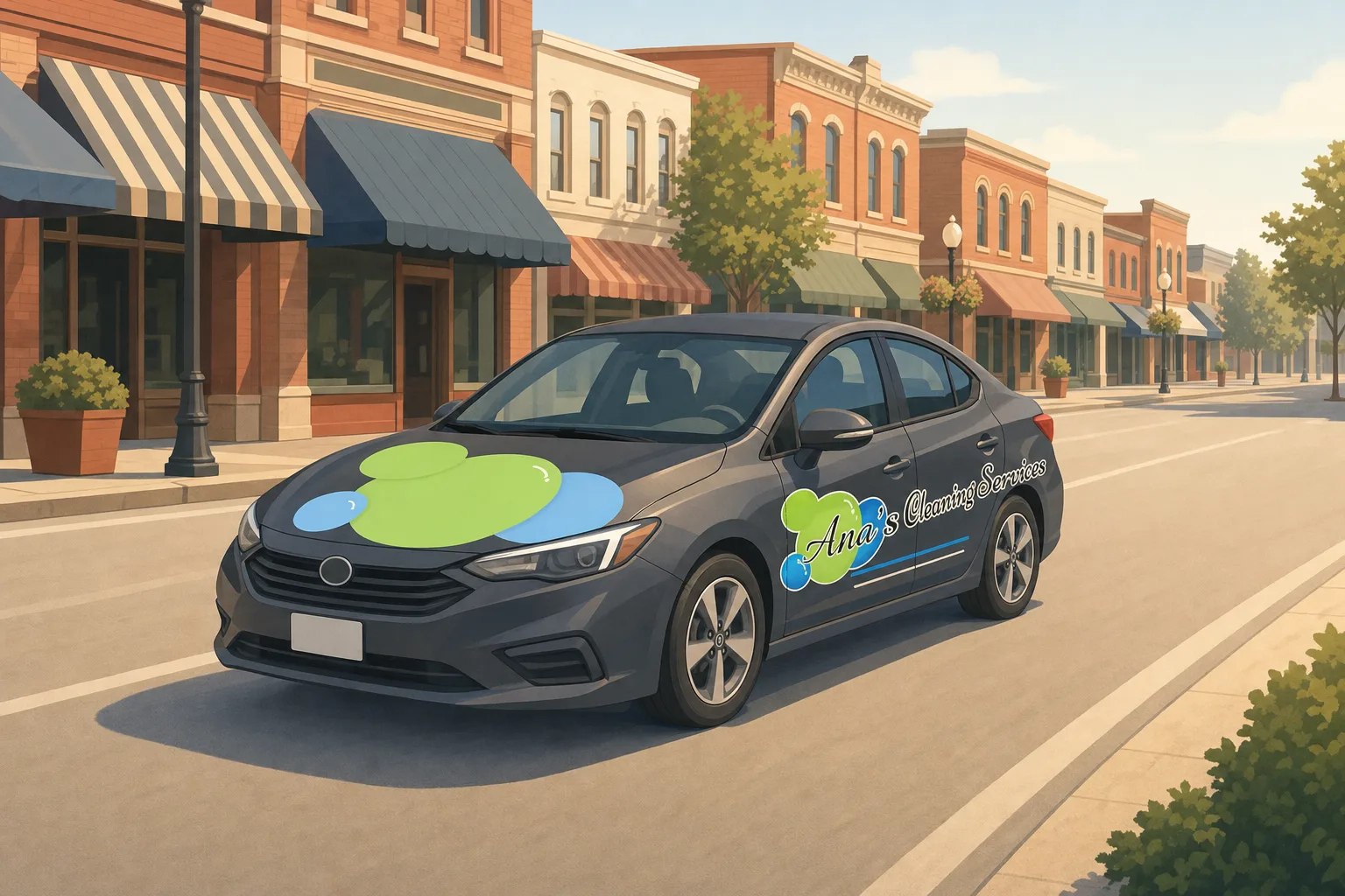 Illustration of an Ana's Cleaning car driving through downtown Apex