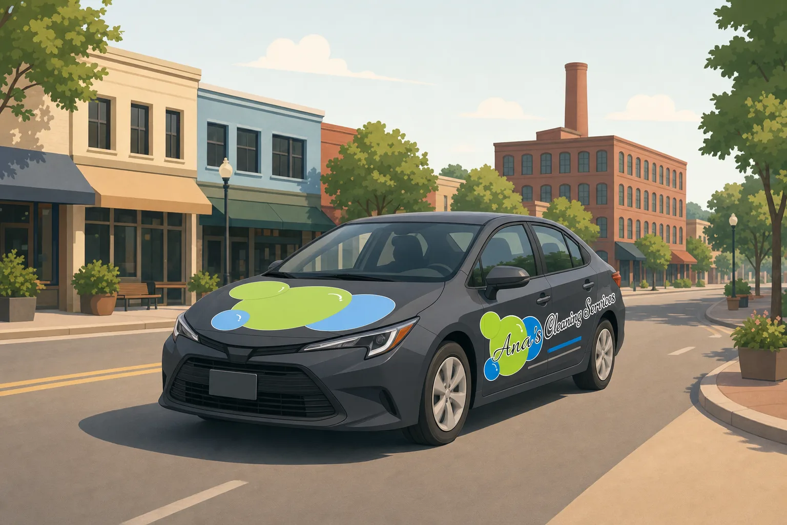 Illustration of an Ana's Cleaning car driving through downtown Carrboro