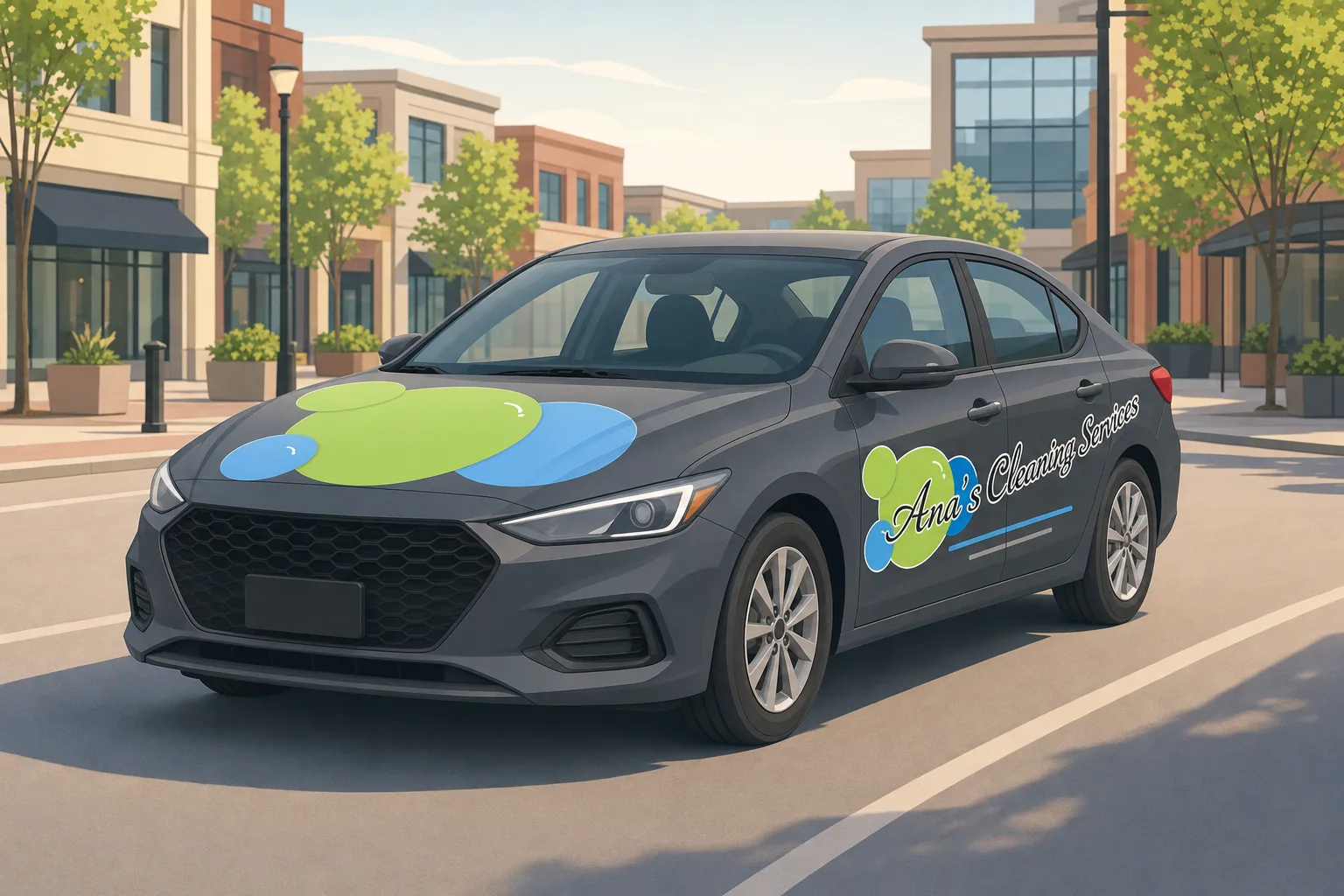 Illustration of an Ana's Cleaning car driving through downtown Cary