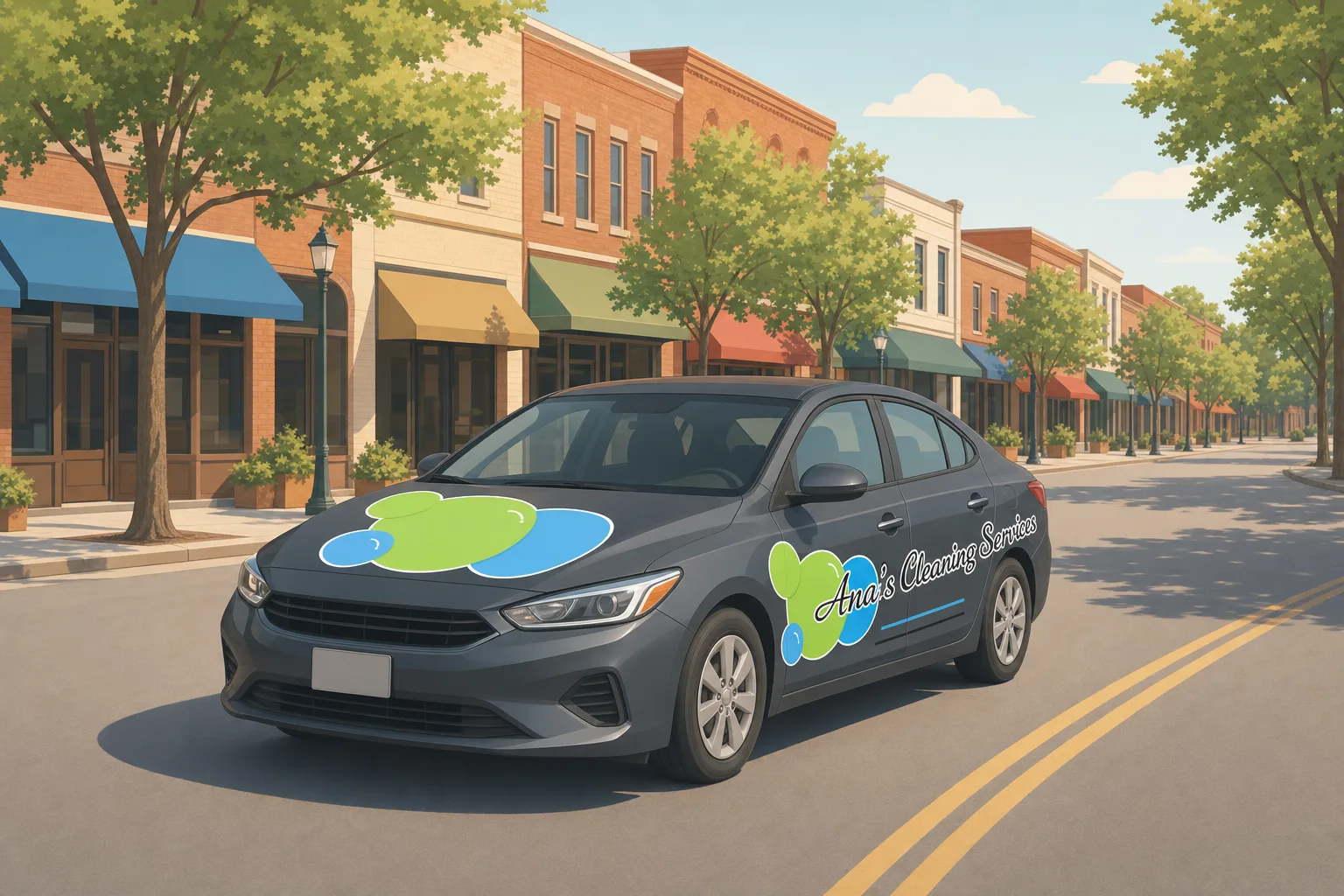 Illustration of an Ana's Cleaning car driving through downtown Chapel Hill