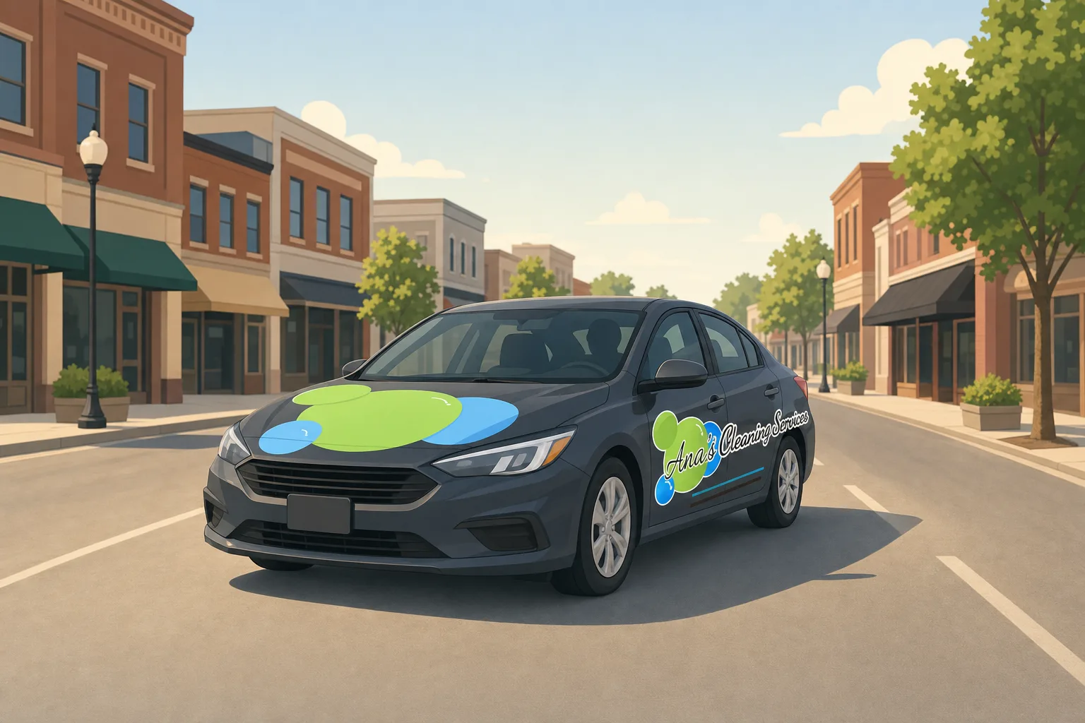 Illustration of an Ana's Cleaning car driving through downtown Creedmoor