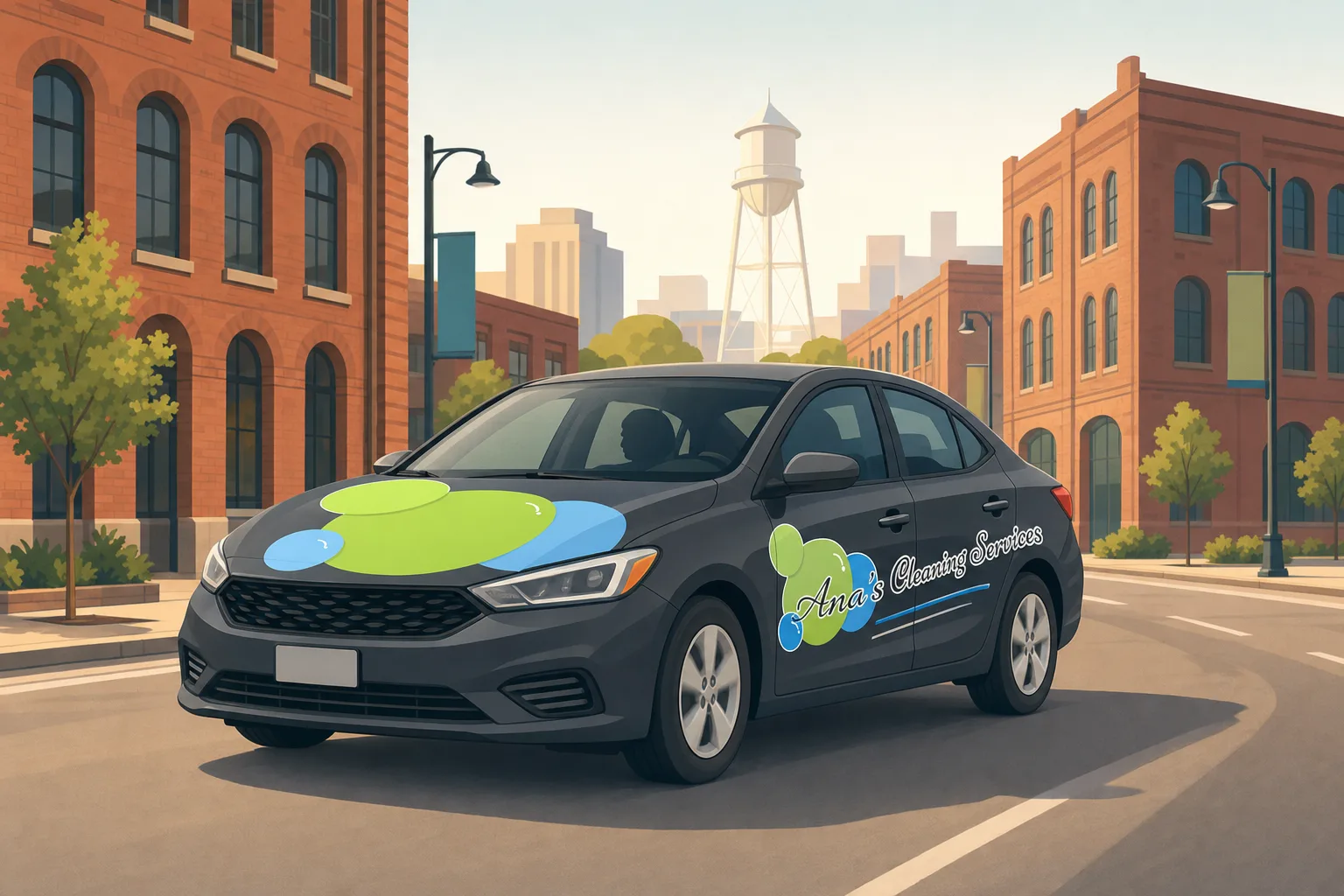 Illustration of an Ana's Cleaning car driving through downtown Durham