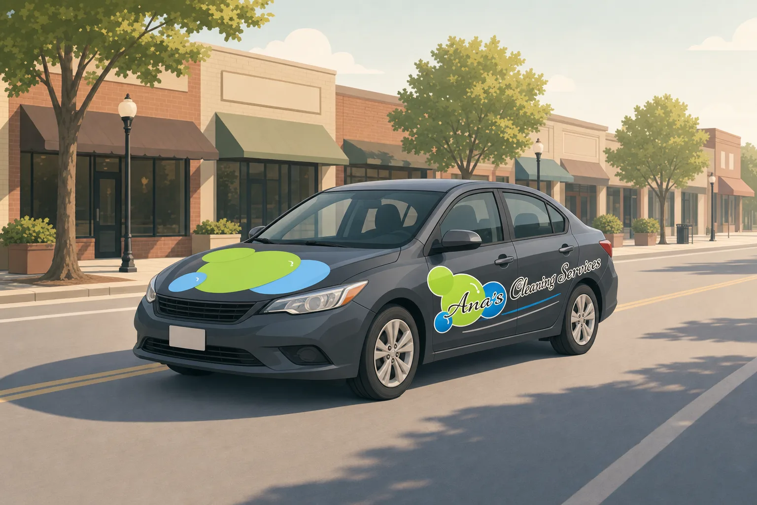 Illustration of an Ana's Cleaning car driving through downtown Garner