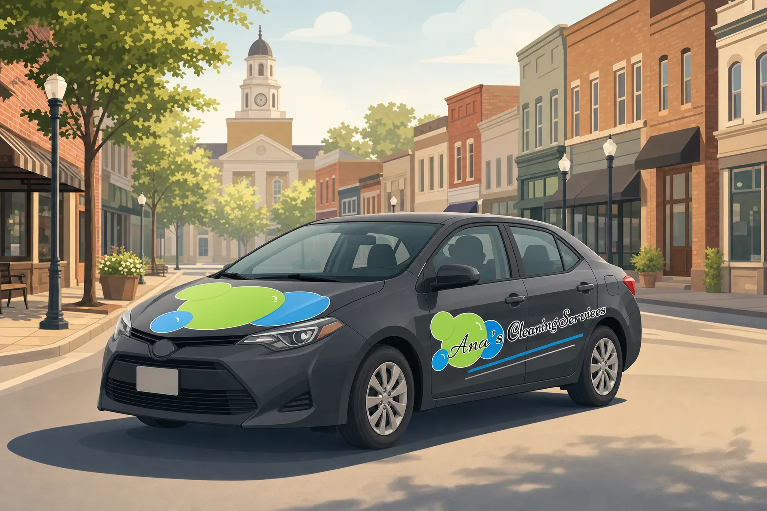 Illustration of an Ana's Cleaning car driving through downtown Hillsborough