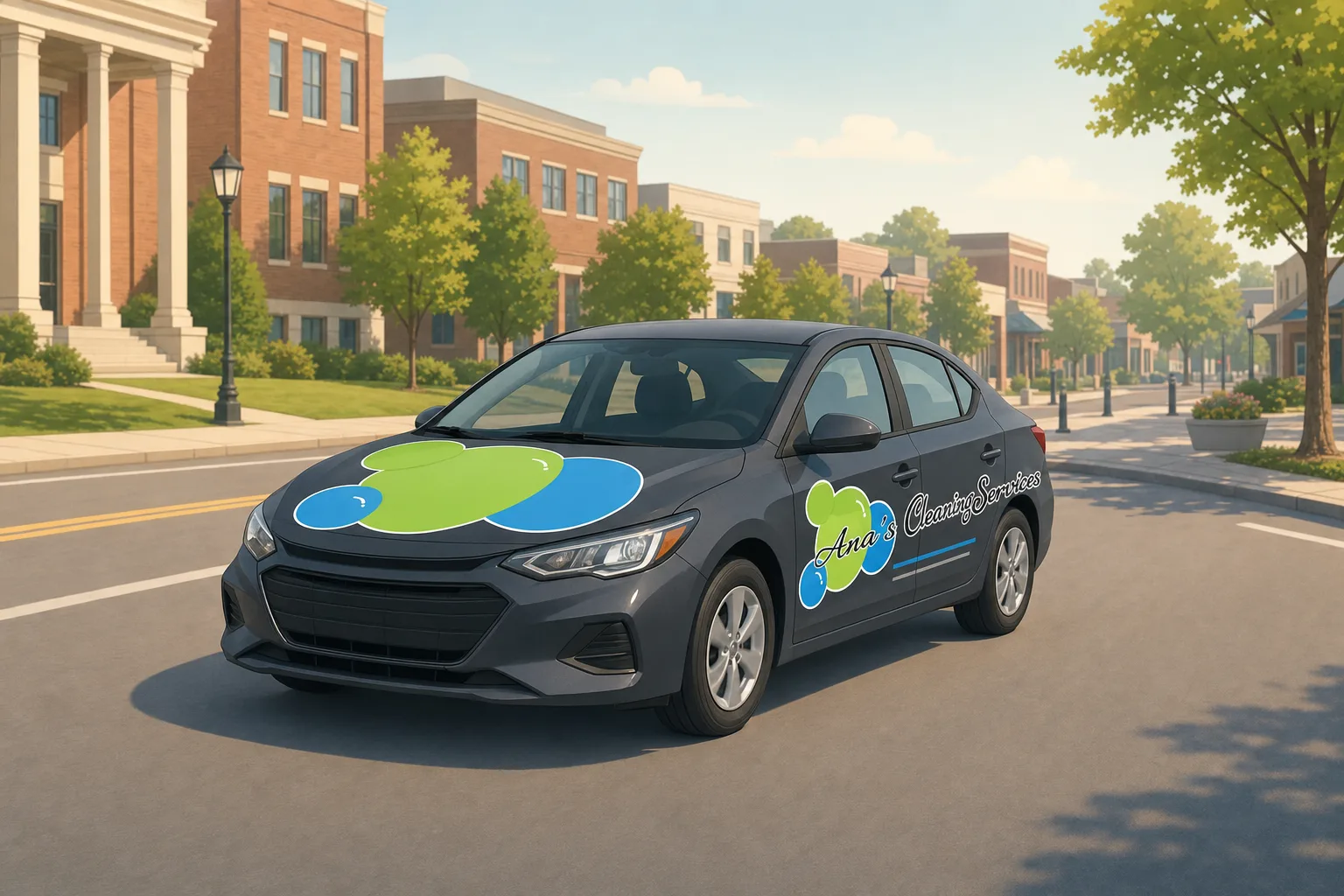 Illustration of an Ana's Cleaning car driving through downtown Holly Springs