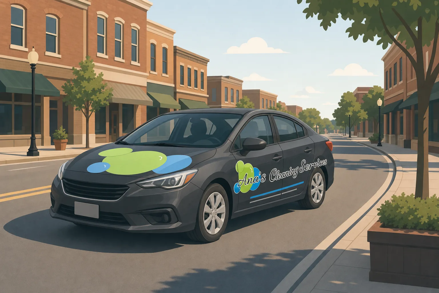 Illustration of an Ana's Cleaning car driving through downtown Mebane