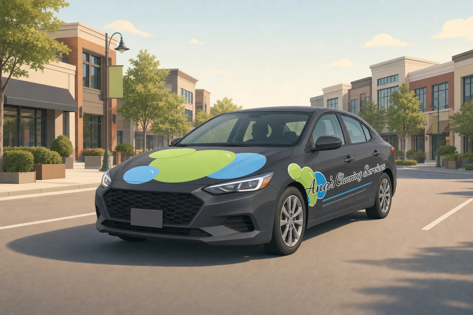 Illustration of an Ana's Cleaning car driving through downtown Morrisville