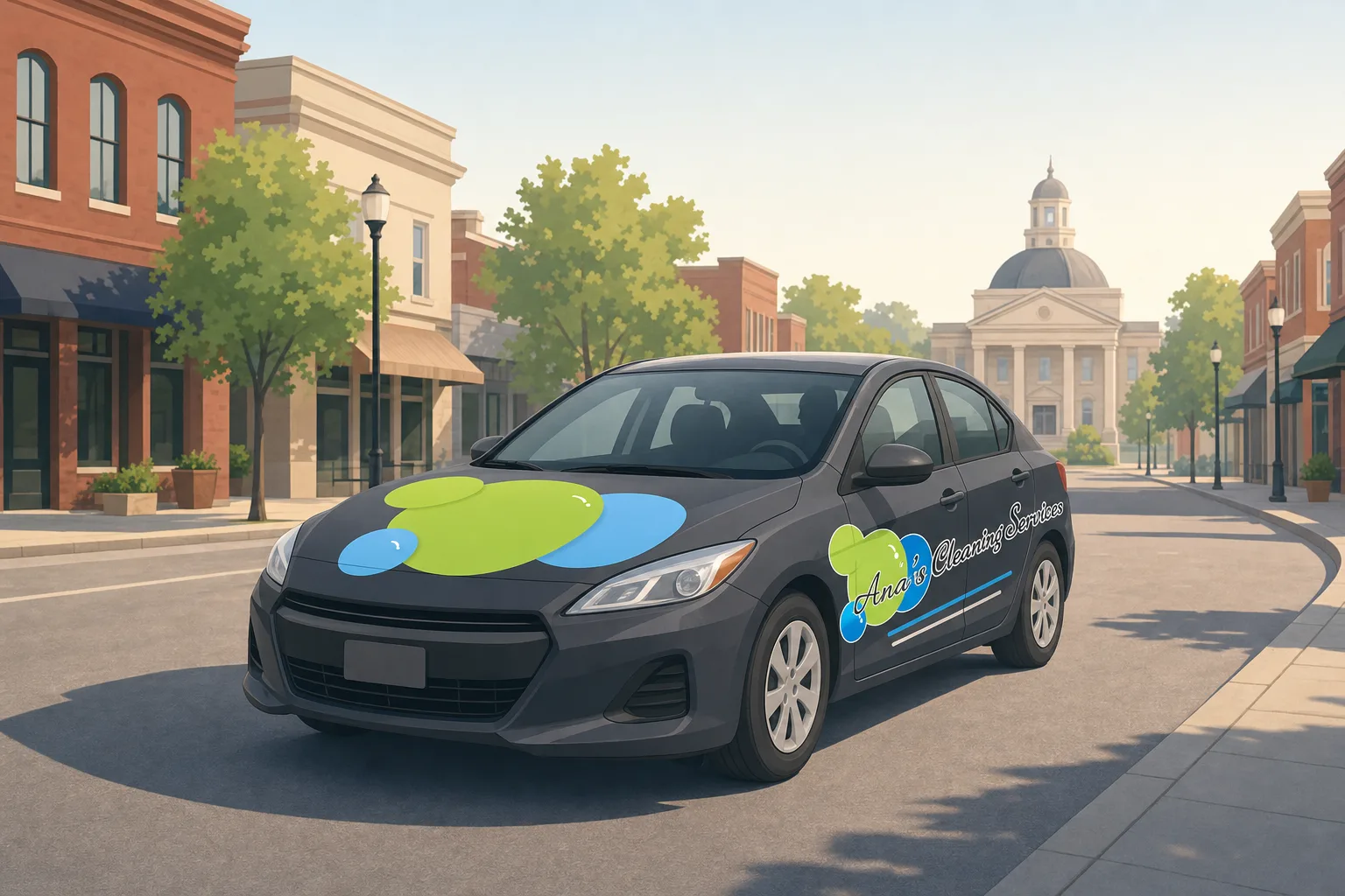Illustration of an Ana's Cleaning car driving through downtown Pittsboro