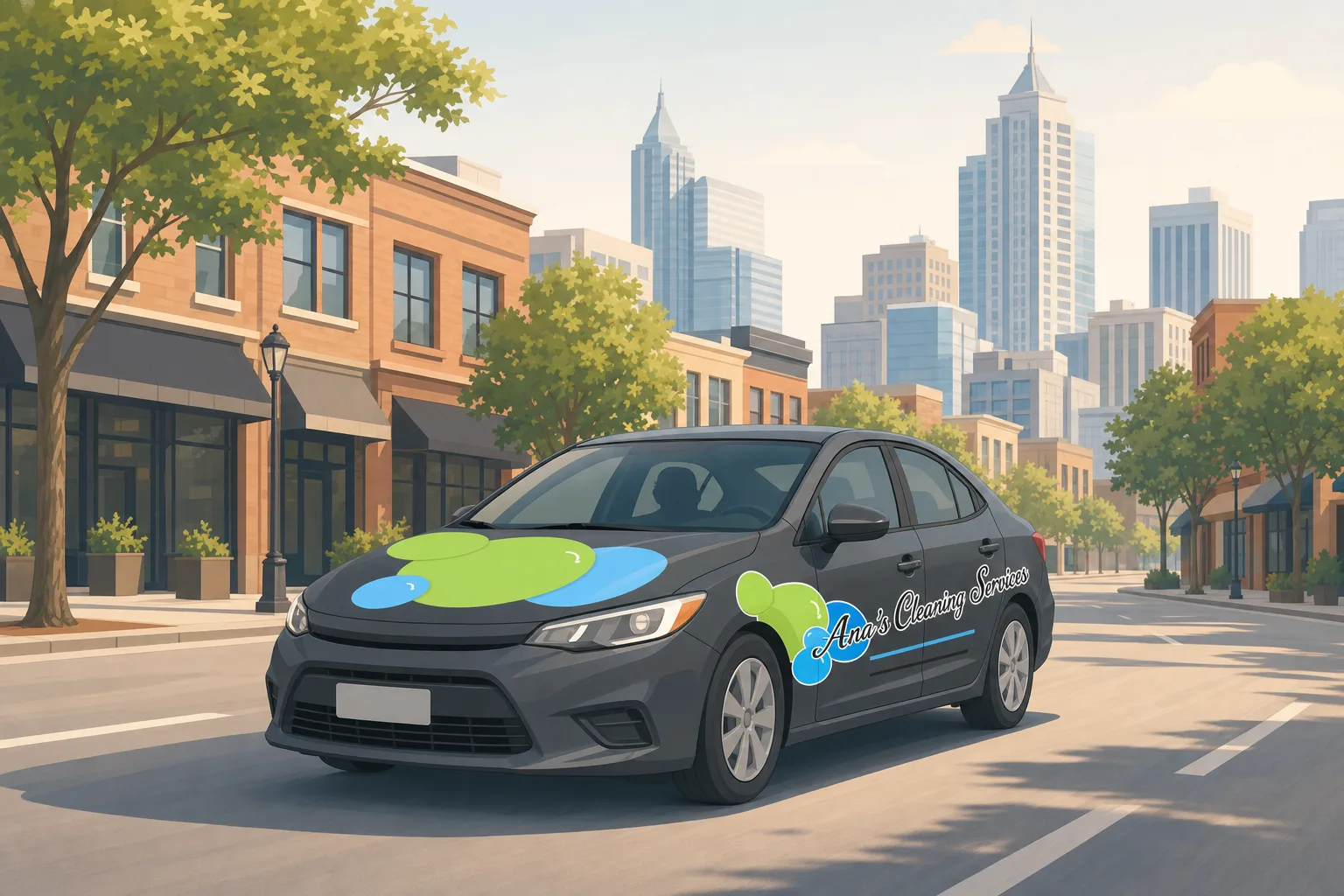 Illustration of an Ana's Cleaning car driving through downtown Raleigh