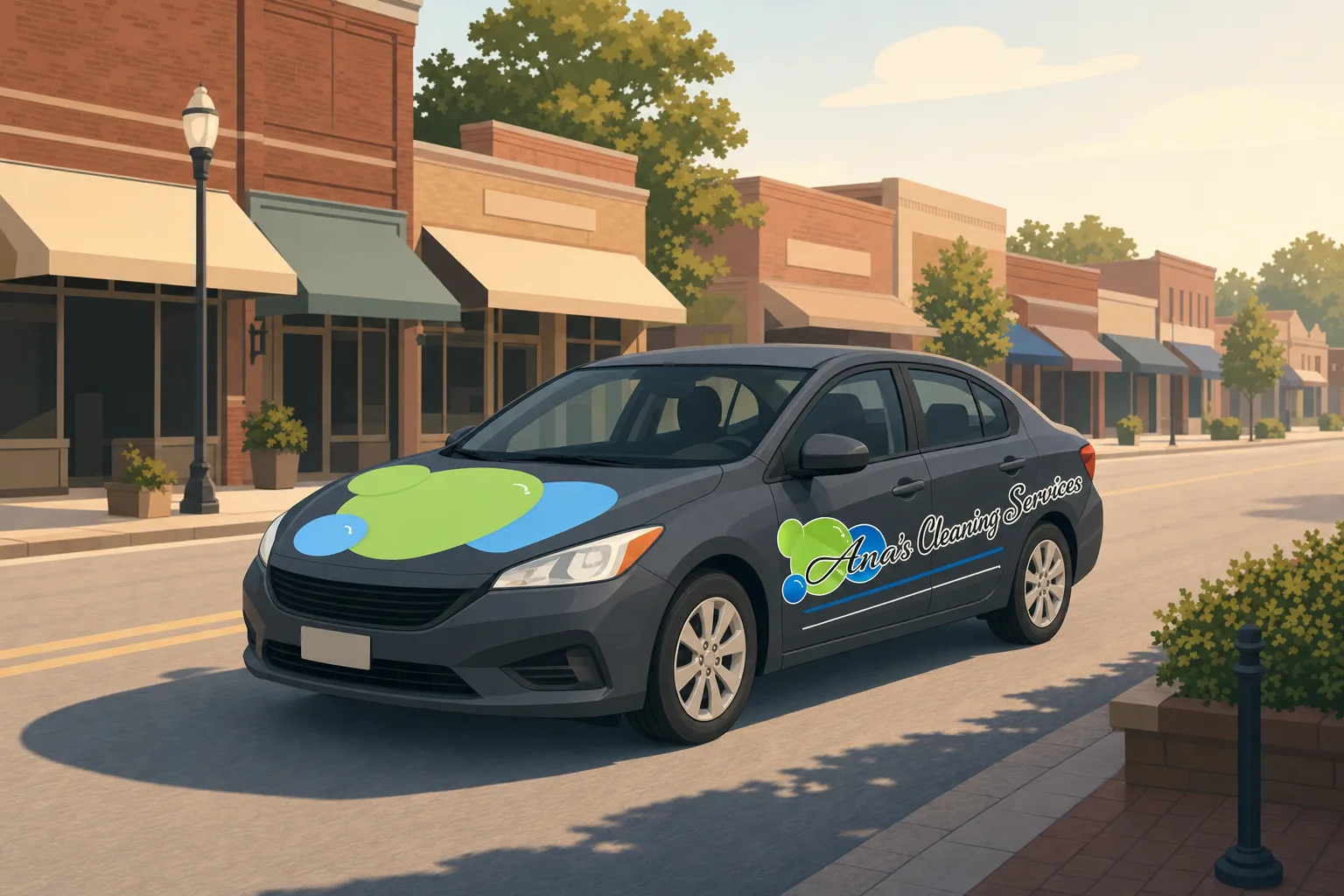 Illustration of an Ana's Cleaning car driving through downtown Roxboro
