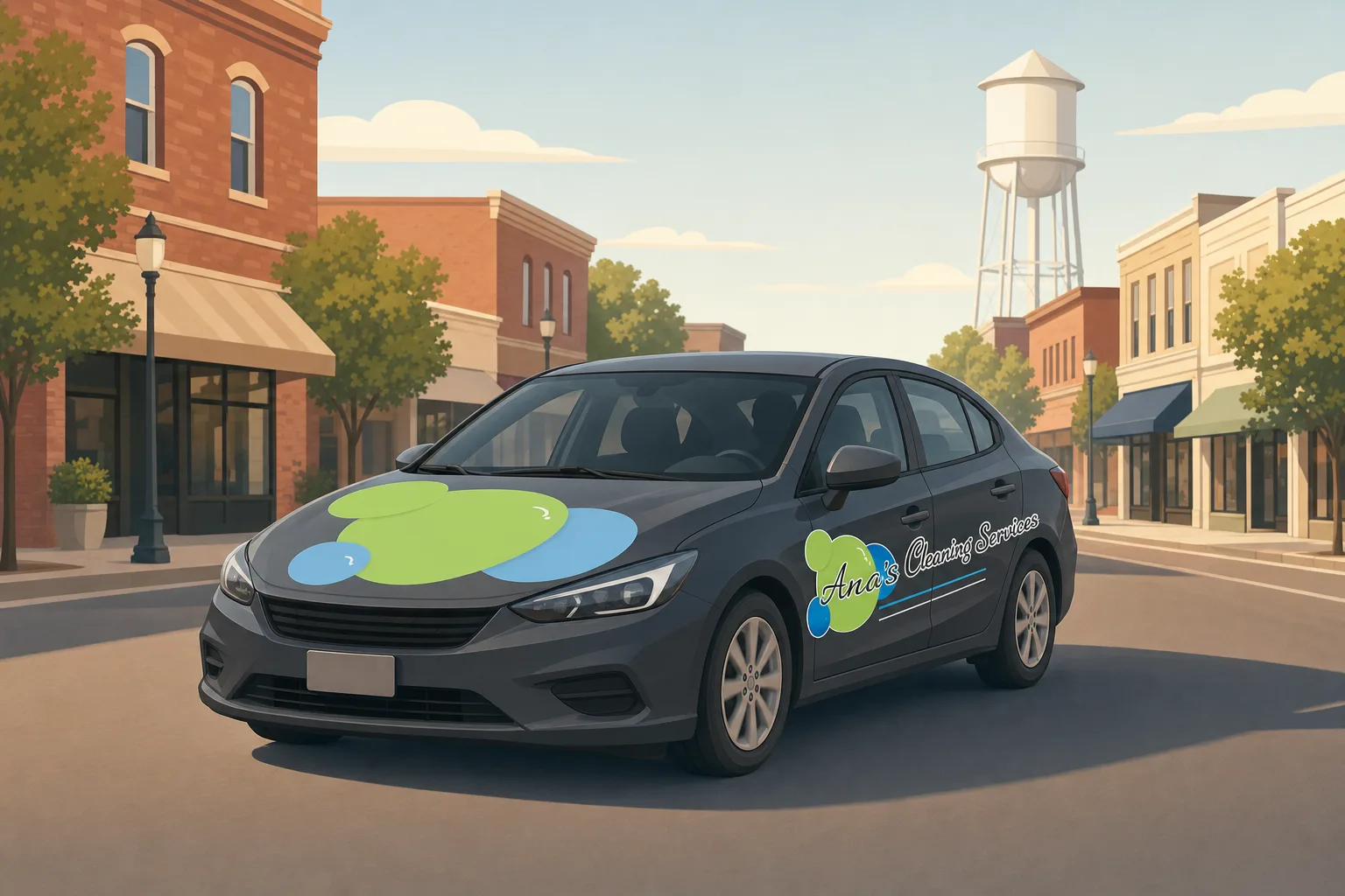 Illustration of an Ana's Cleaning car driving through downtown Wake Forest