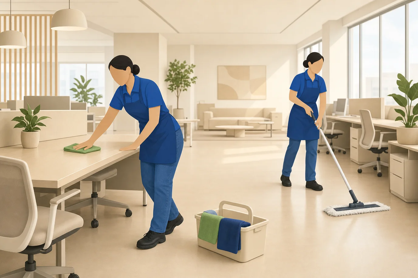Illustration of two cleaning professionals wiping desks and dust-mopping a bright open-plan office