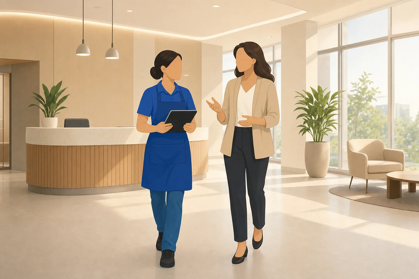 Illustration of a cleaning professional with a tablet walking an office lobby with a business manager