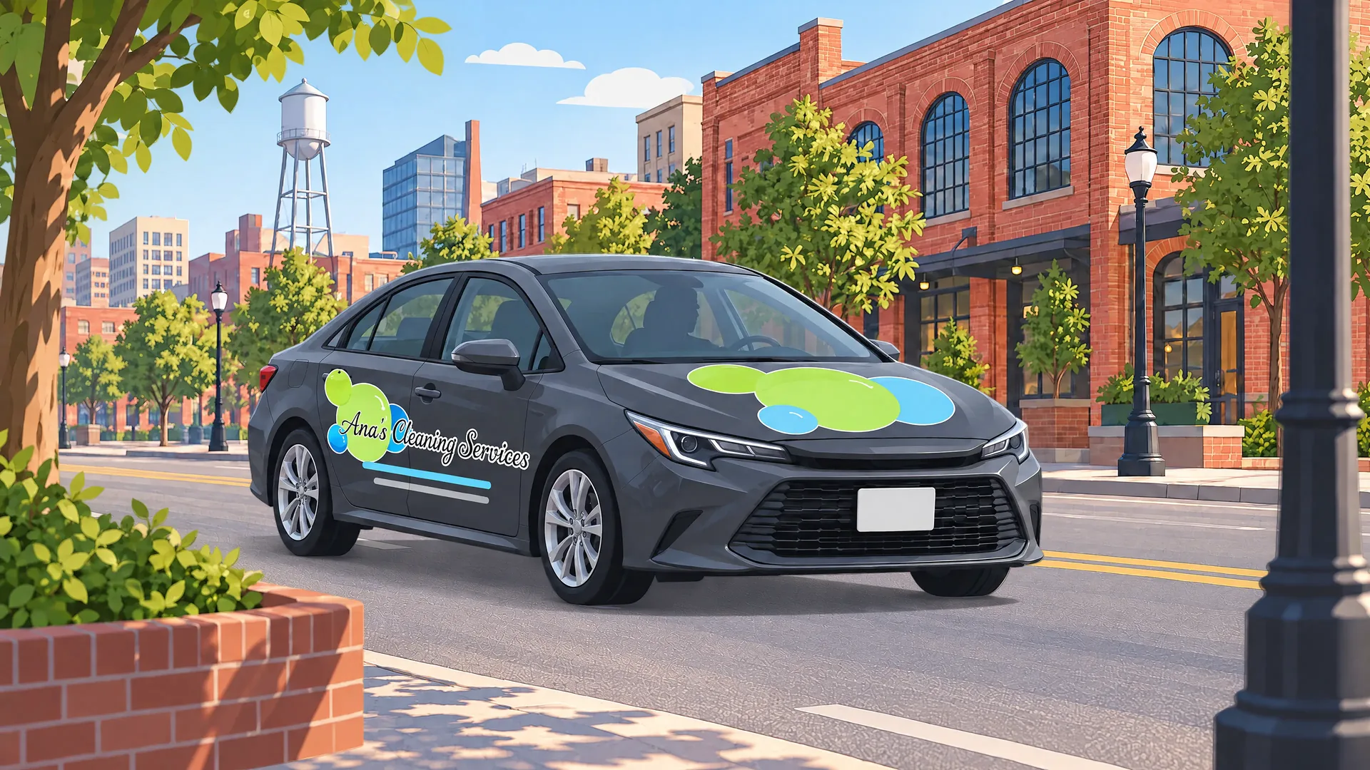 Illustration of an Ana's Cleaning sedan on a downtown Durham street