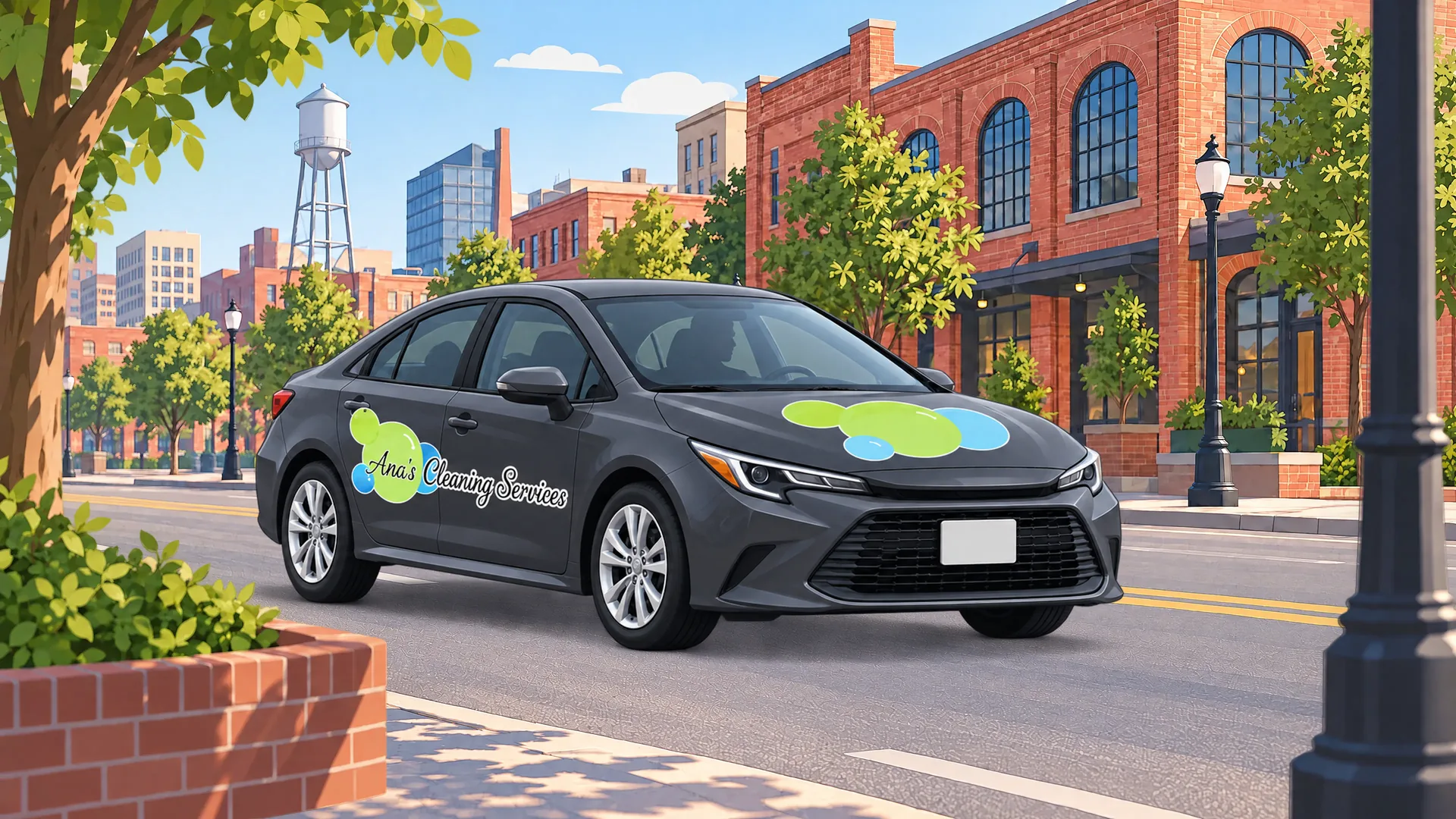 Illustration of an Ana's Cleaning sedan on a downtown Durham street