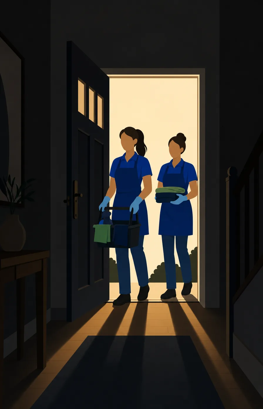 Illustration of two cleaning professionals arriving through a warmly lit front door