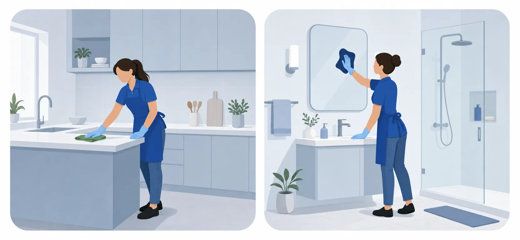 Illustration of cleaning professionals wiping a kitchen counter and polishing a bathroom mirror