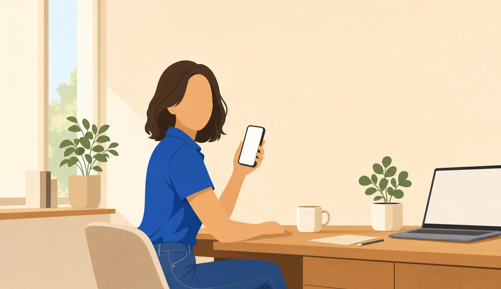 Illustration of an office team member holding a phone, ready to answer a question