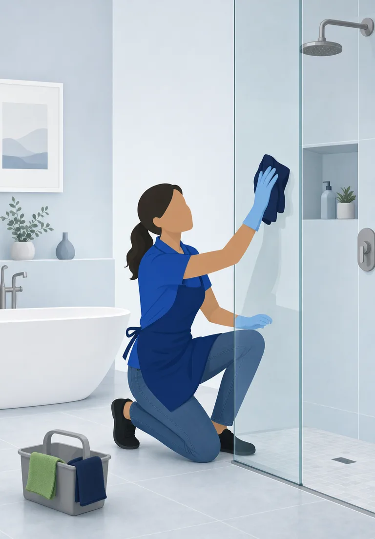 Illustration of a cleaning professional kneeling to wipe a glass shower panel