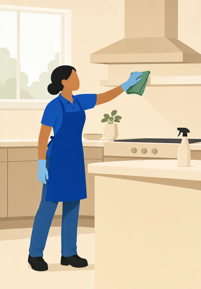 Illustration of a cleaning professional wiping a kitchen range hood with a green cloth