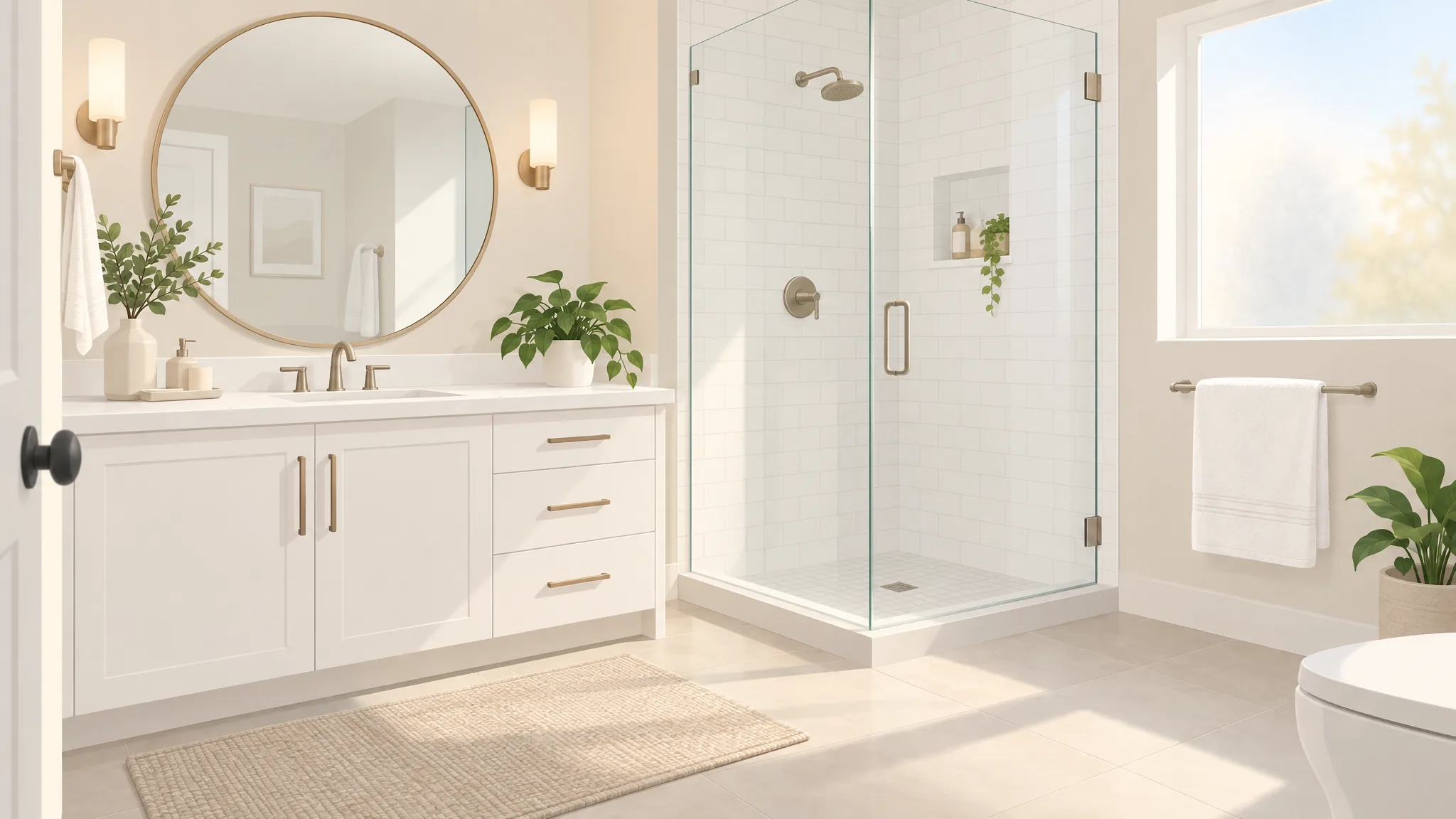 Illustration of the same bathroom after a clean: clear shower glass, a polished vanity and a fresh towel