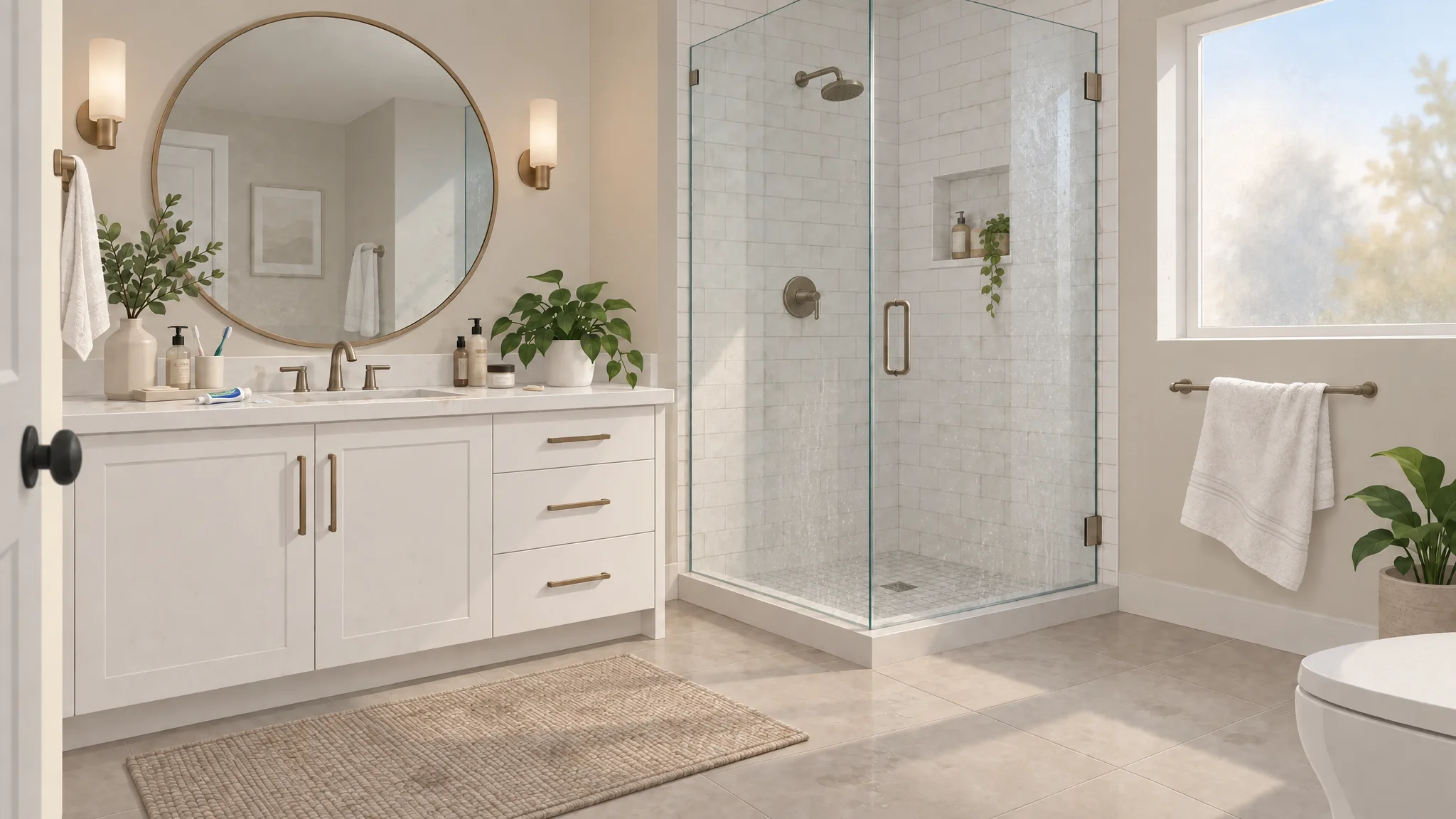 Illustration of a bathroom before a clean: water spots on the shower glass and a crowded vanity