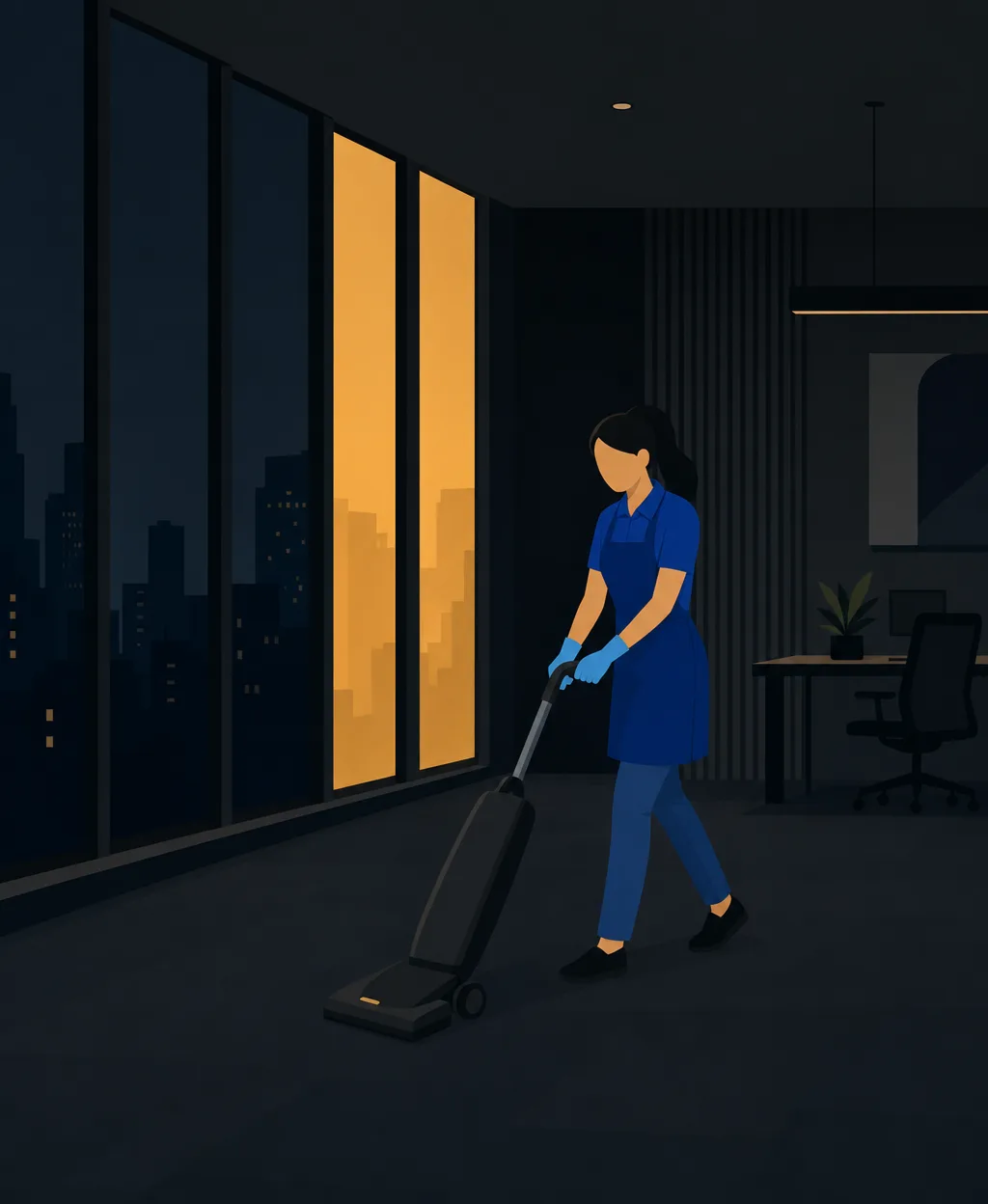 Illustration of a cleaning professional vacuuming a dark office at night beside amber-lit windows