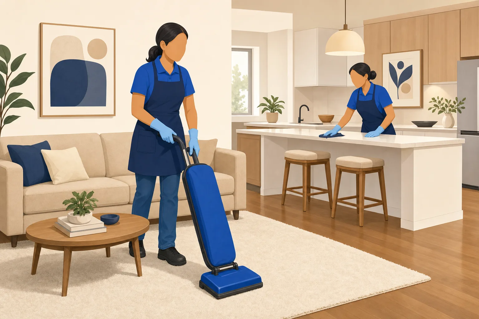 Illustration of a cleaning professional vacuuming a living room rug with an upright vacuum while a teammate wipes the kitchen island