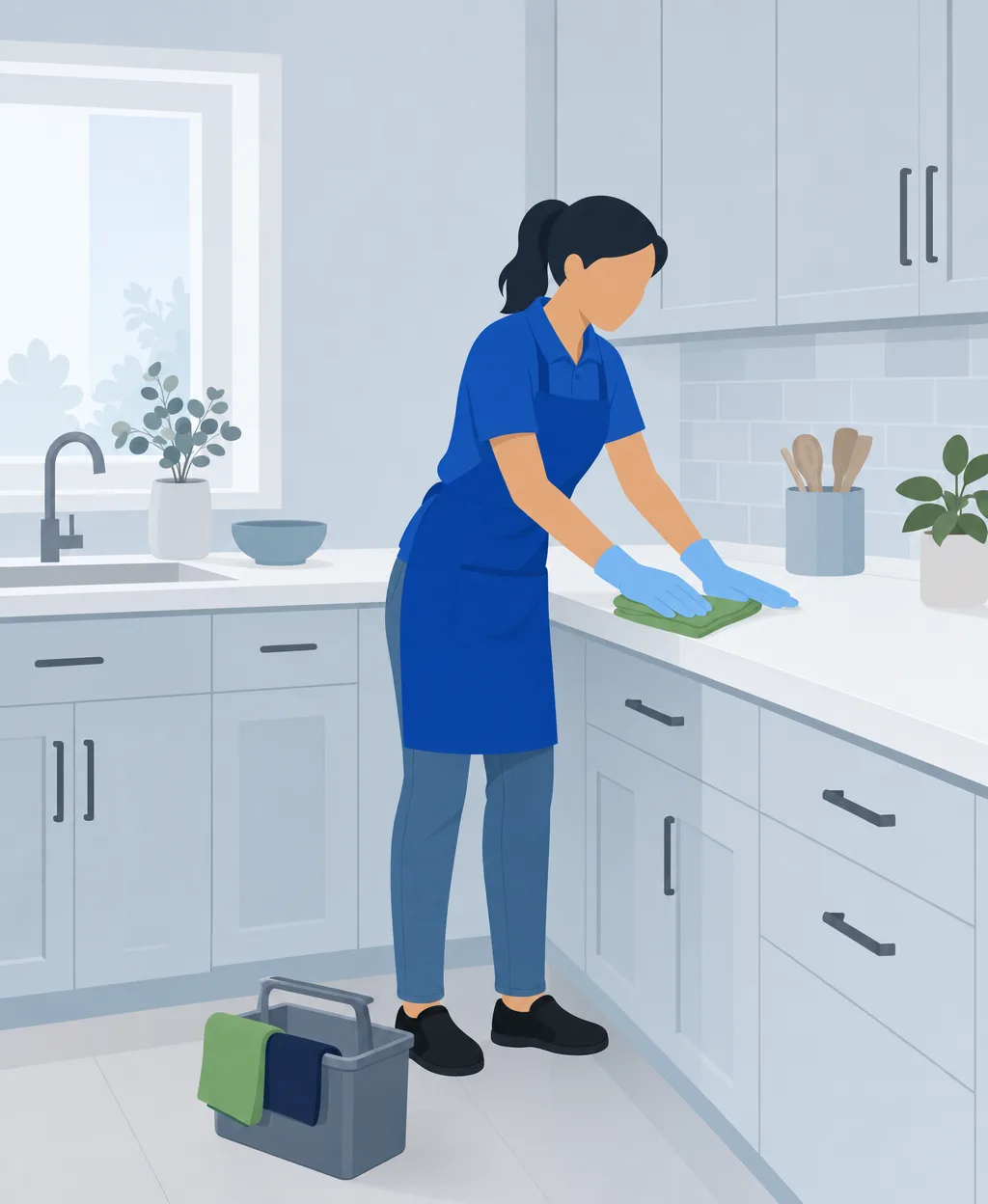 Illustration of a cleaning professional wiping a compact kitchen counter, supply caddy at her feet