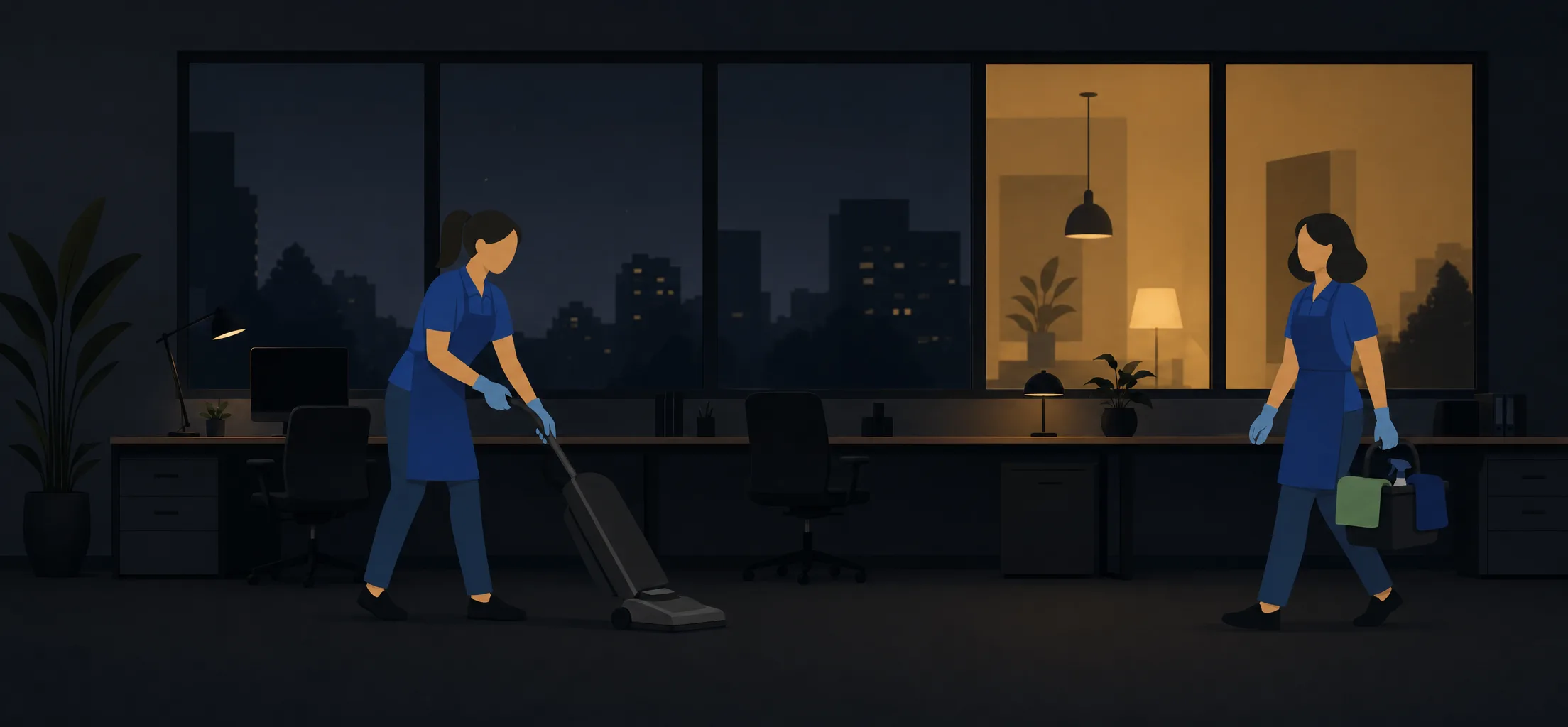 Illustration of a cleaning crew vacuuming and carrying supplies through a dark office at night