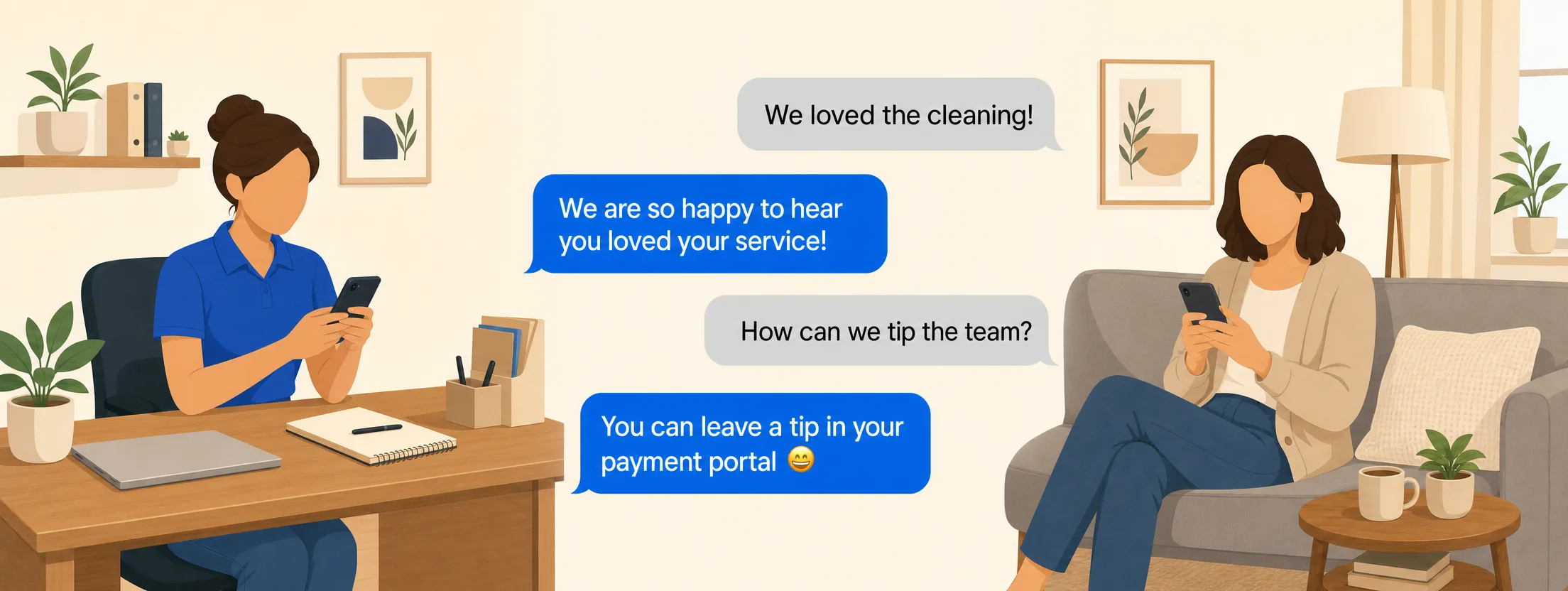 Illustration of an office assistant texting with a happy client, with message bubbles saying the office is so happy they loved their service and a tip can be left in the payment portal