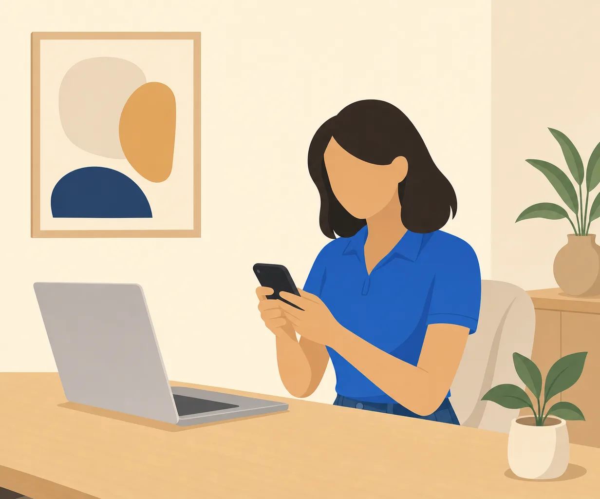 Illustration of an office team member replying to a customer text at a bright desk
