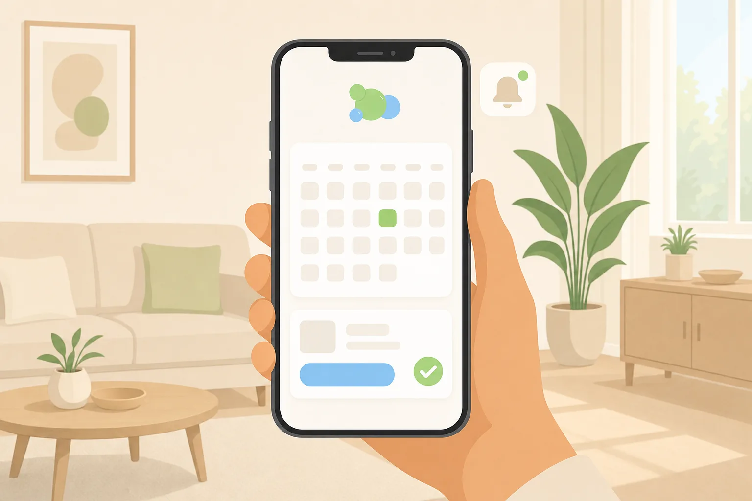 Illustration of a hand holding a phone showing the Ana's Cleaning client portal