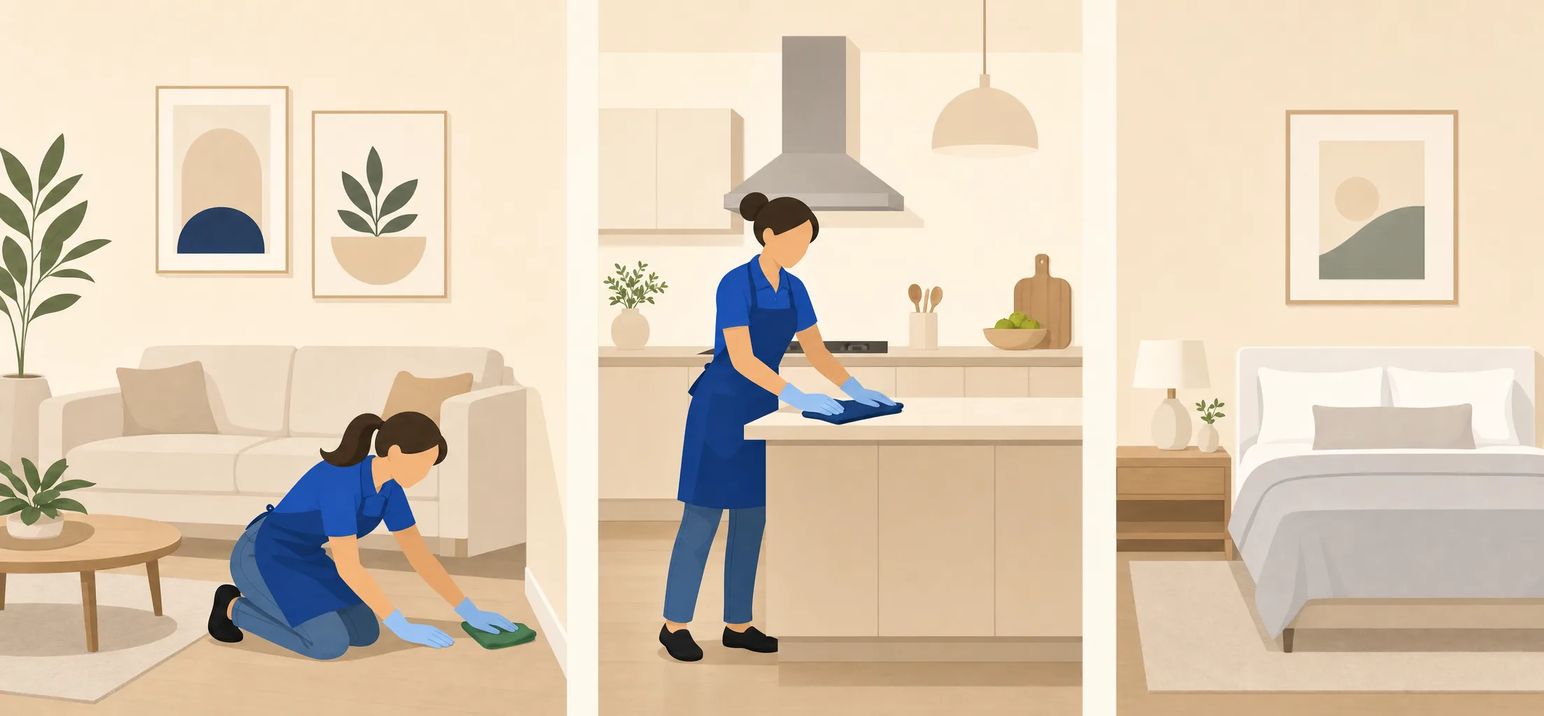 Illustration of two cleaning professionals working across a living room, kitchen, and bedroom