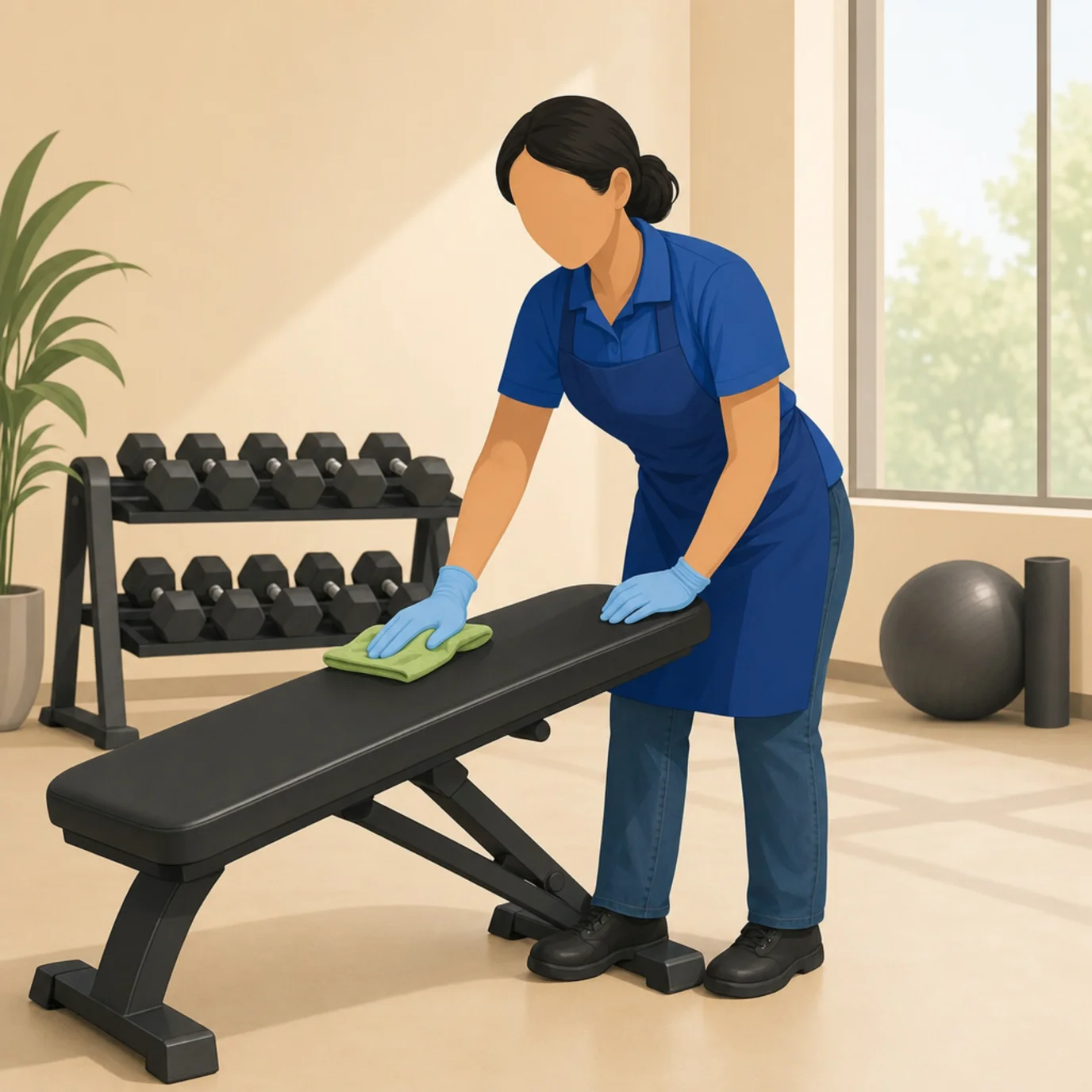 Illustration of a gloved cleaning professional wiping an exercise bench near a dumbbell rack