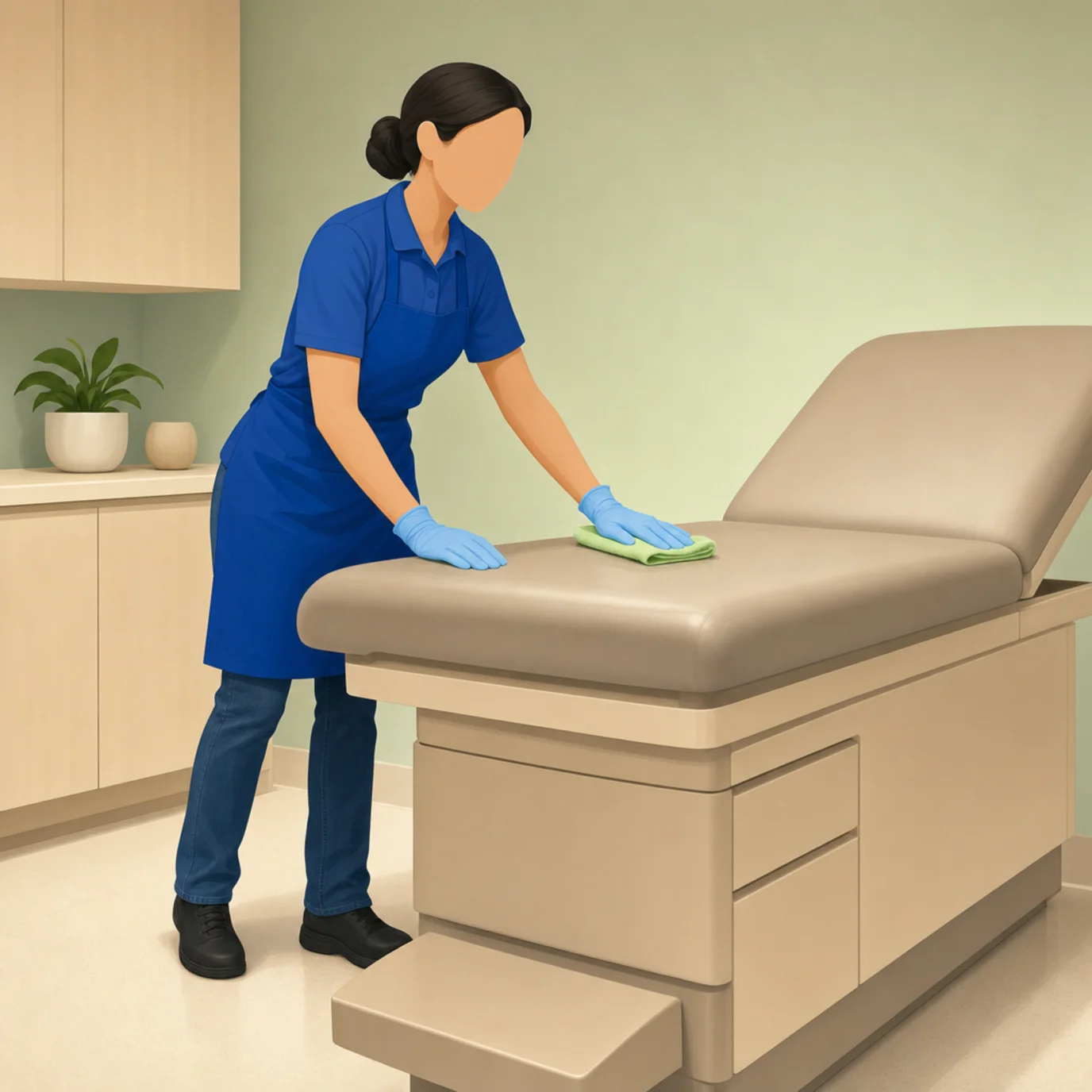 Illustration of a gloved cleaning professional sanitizing a padded exam table in a medical office