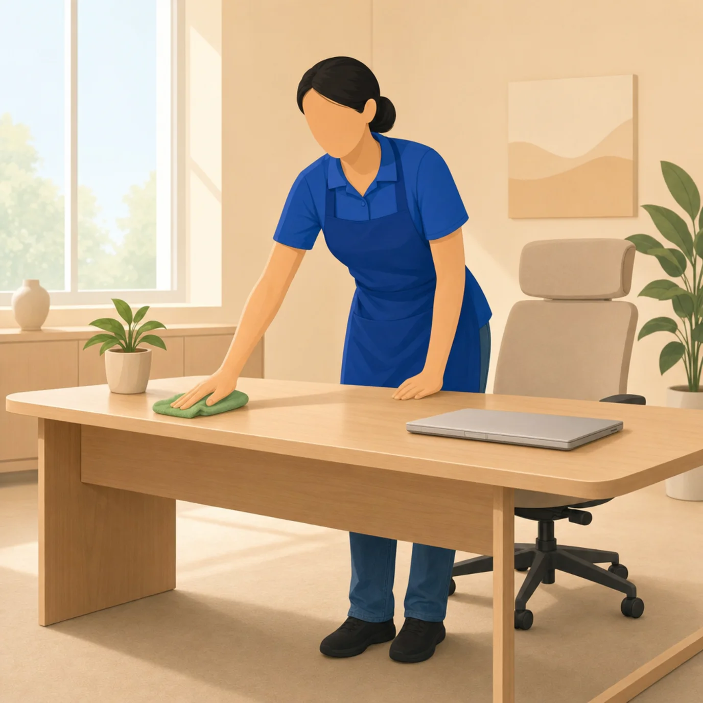 Illustration of a cleaning professional wiping an office desk with a green cloth beside a closed laptop