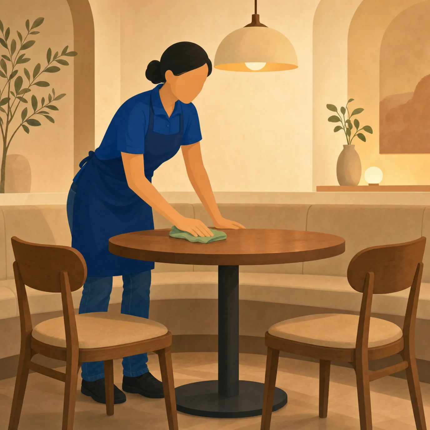 Illustration of a cleaning professional wiping a round restaurant table under a warm pendant light