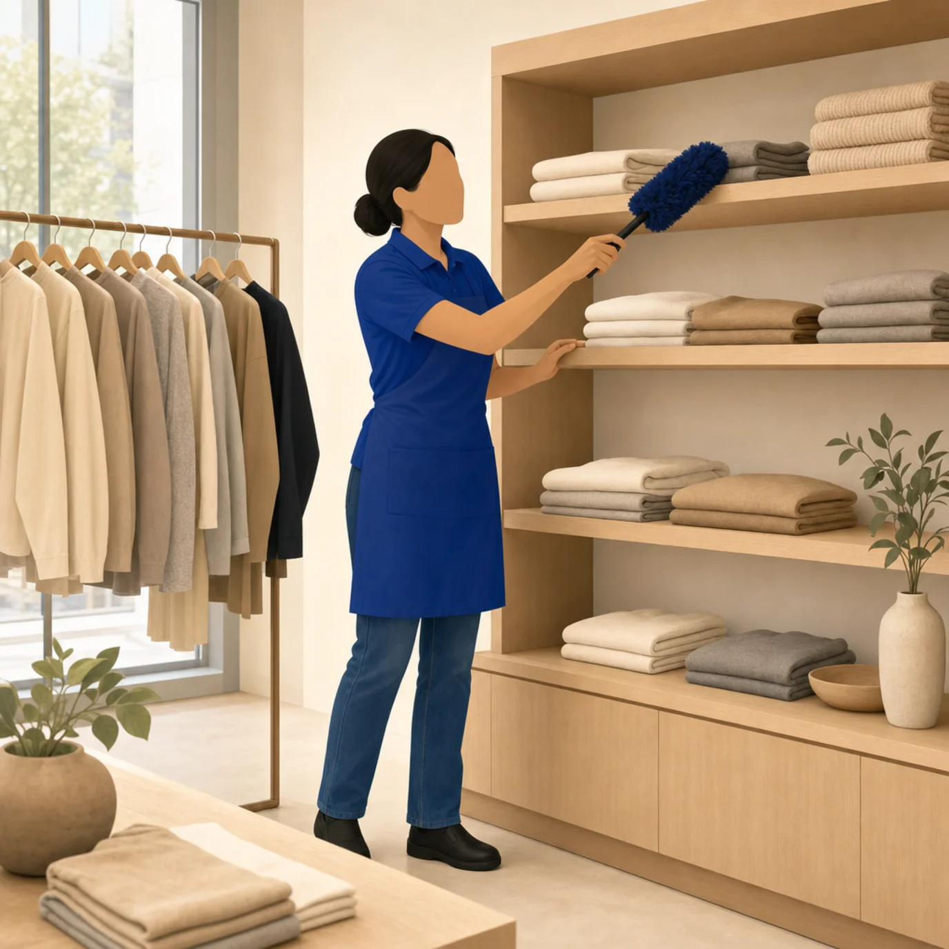 Illustration of a cleaning professional dusting a boutique display shelf beside a clothing rack