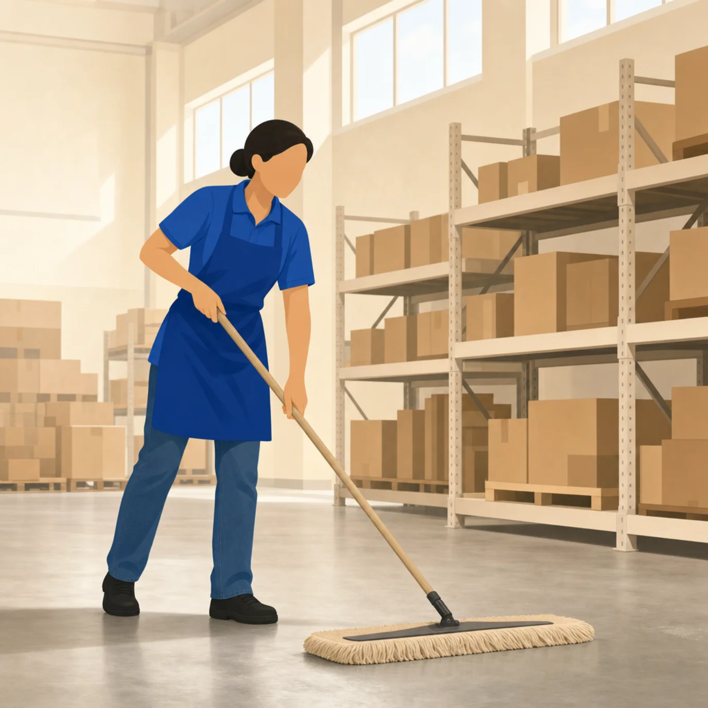 Illustration of a cleaning professional dust-mopping a warehouse floor beside tall shelving