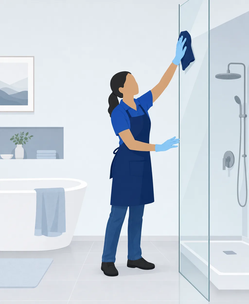 Illustration of a cleaning professional wiping a tall glass shower panel with a navy cloth